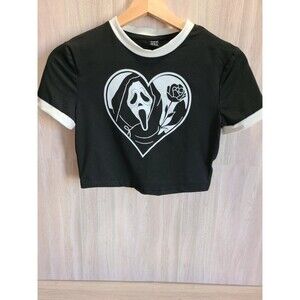 Shein Ghostface Crop Top XS Black Horror Graphic Y2K Skeleton Heart Tee